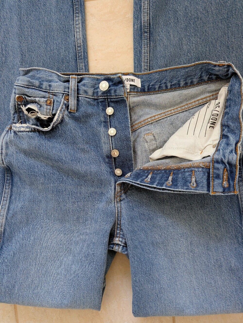 Re/done Distressed Light Blue Straight Jeans with Button Fly Size 27